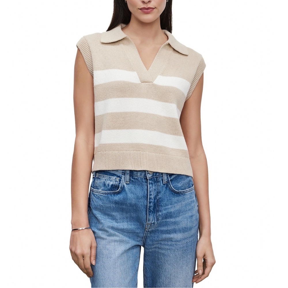 Velvet by Graham & Spencer Mariette Collared Vest Tan White Striped Cashmere L